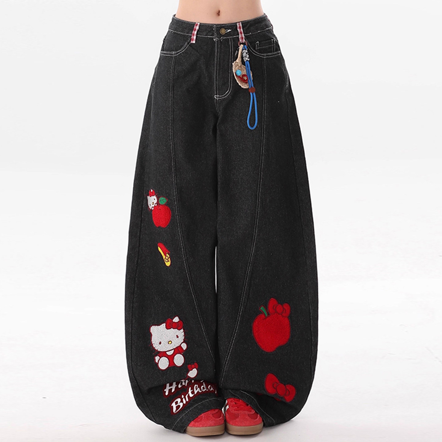300斤特大码高腰显瘦牛仔裤女胖mm卡通kt猫刺绣宽松阔腿弯刀裤子,淘宝优惠券,粉丝福利购,淘宝优惠卷