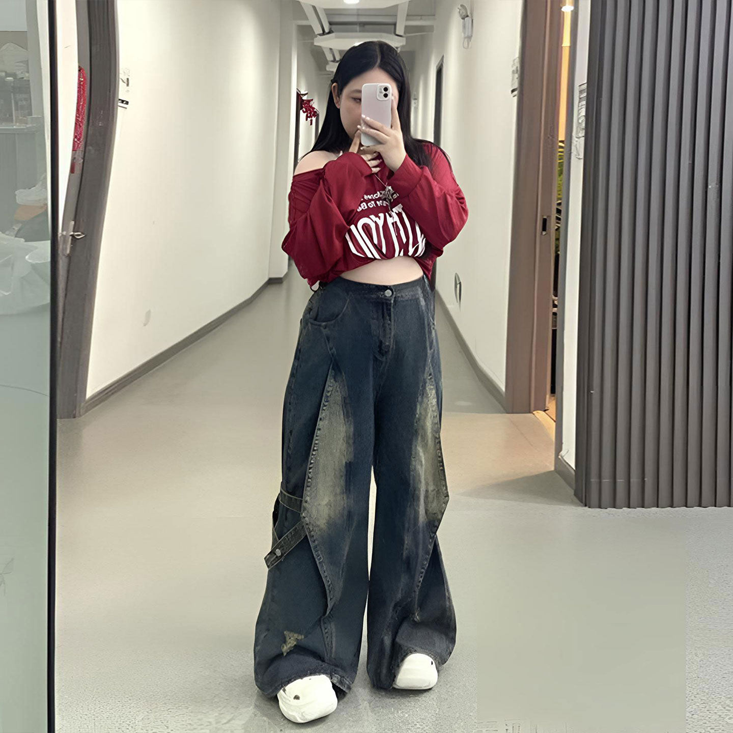 胖mm美式复古拼接设计高街牛仔裤女特大码裤子学生显瘦阔腿工装裤,淘宝优惠券,粉丝福利购,淘宝优惠卷