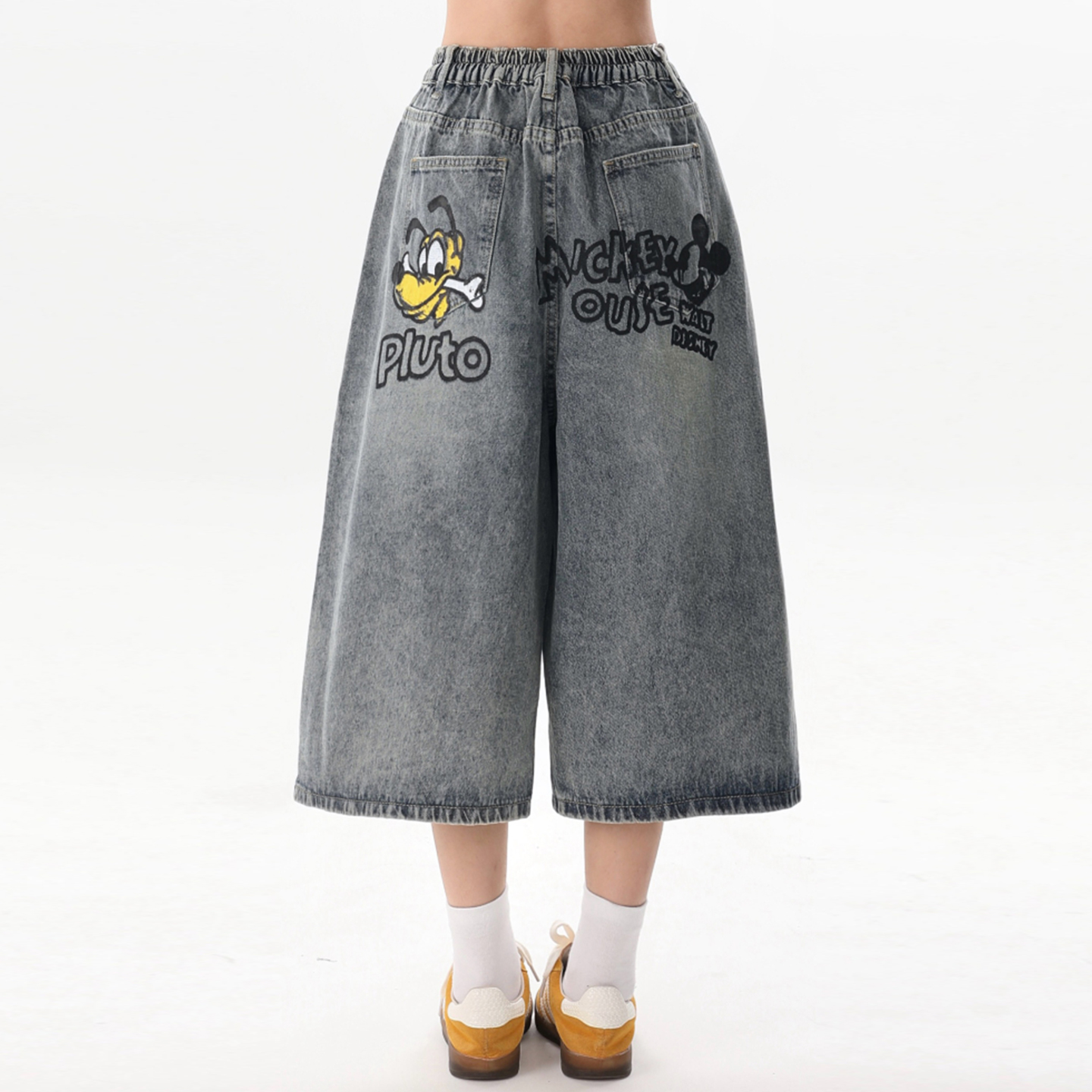 特大码女装胖mm设计感卡通涂鸦牛仔短裤女复古宽松显瘦直筒七分裤 - 图3