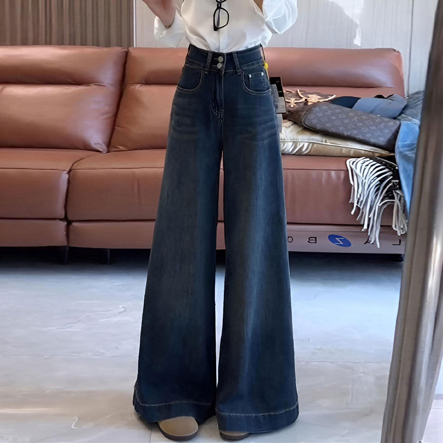 大码女装胖mm高级感韩版ins蓝色牛仔裤女不贴腿弹力显瘦直筒裤子,淘宝优惠券,粉丝福利购,淘宝优惠卷