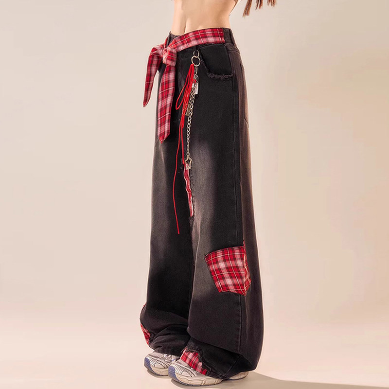 大码女装黑色格子贴布拼接牛仔裤女胖mm高腰设计感绑带不规则长裤,淘宝优惠券,粉丝福利购,淘宝优惠卷