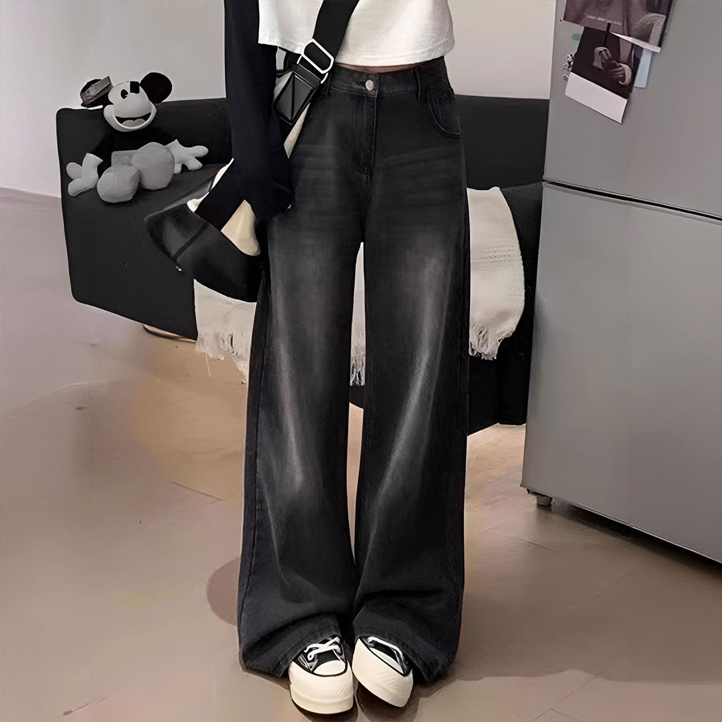 胖mm大码女装黑灰色复古做旧牛仔裤女小个子穿搭加绒加厚直筒裤子,淘宝优惠券,粉丝福利购,淘宝优惠卷