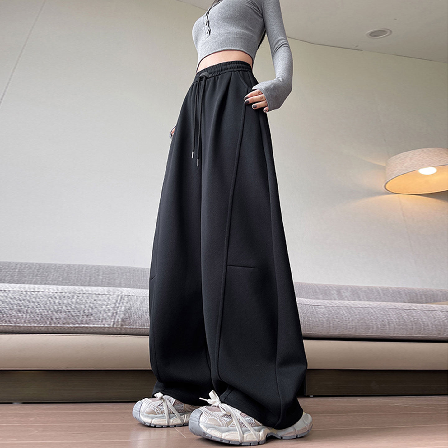 大码女装美式高级感阔腿卫裤女胖mm宽松小个子加绒加厚运动休闲裤,淘宝优惠券,粉丝福利购,淘宝优惠卷
