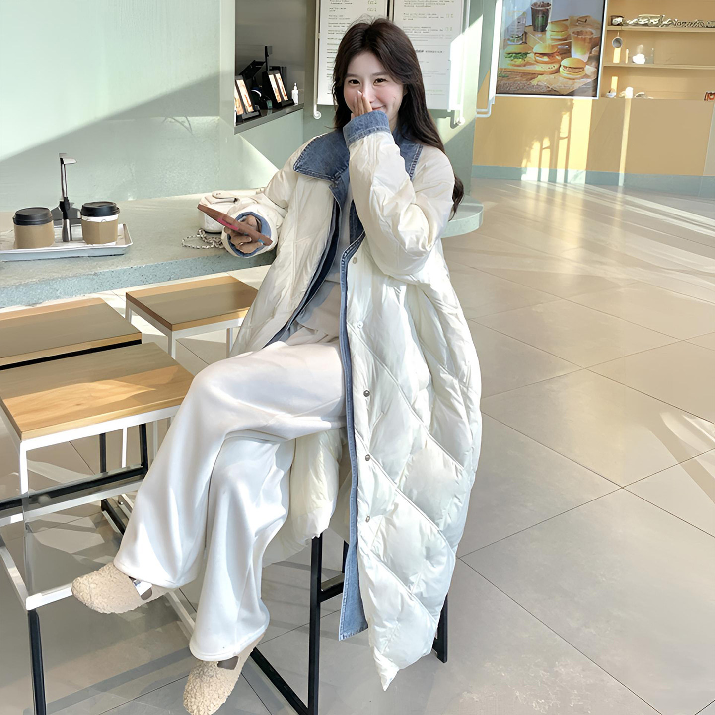 胖mm特大码牛仔拼接假两件羽绒棉服女韩系慵懒风独特超好看的外套,淘宝优惠券,粉丝福利购,淘宝优惠卷