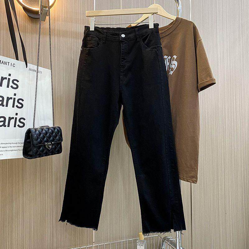 特大码女装小个子九分牛仔裤女胖mm弹力直筒裤毛边法棍裤烟管裤子,淘宝优惠券,粉丝福利购,淘宝优惠卷