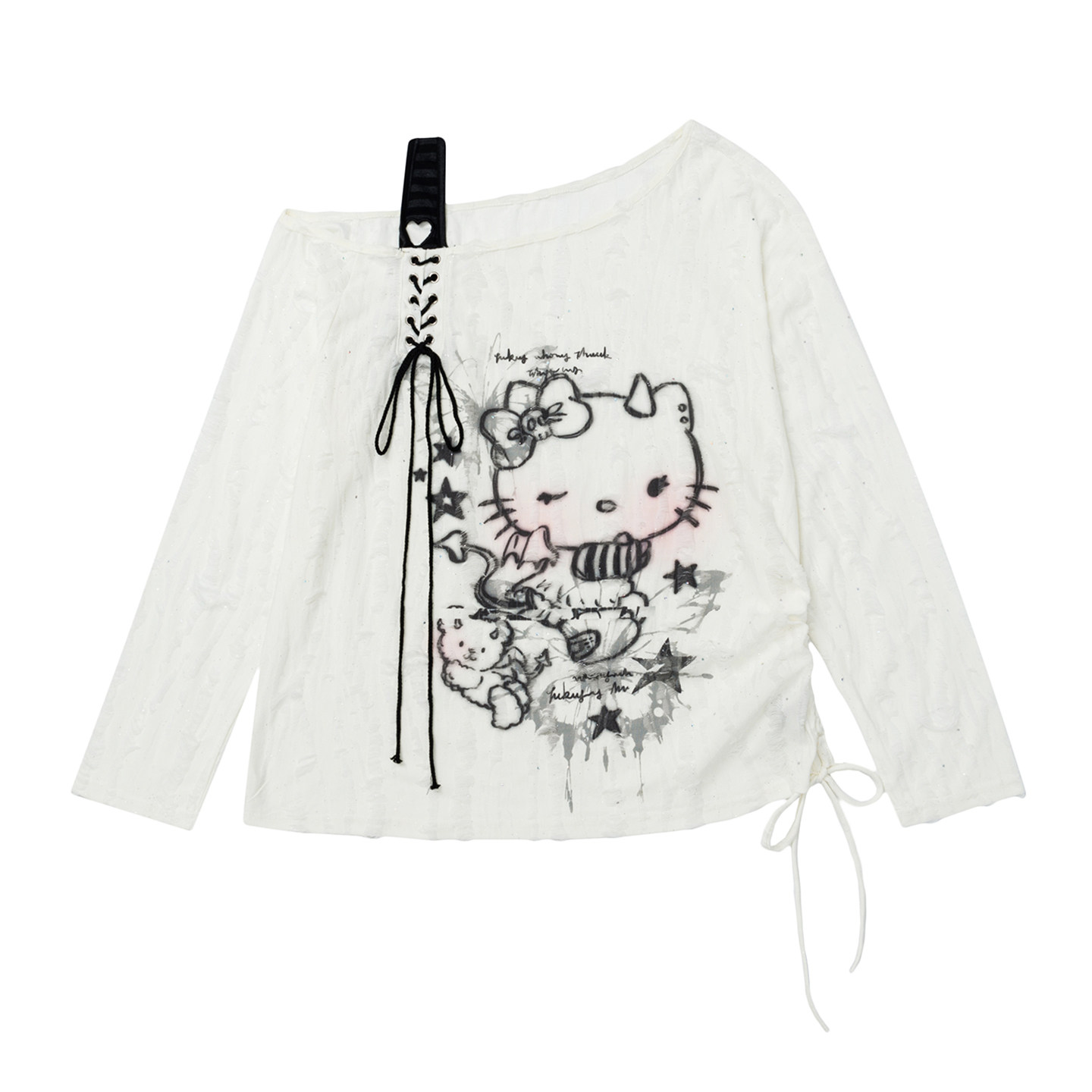 300斤特大码卡通印花长袖t恤女胖mm白色抽绳设计宽松显瘦斜肩上衣,淘宝优惠券,粉丝福利购,淘宝优惠卷