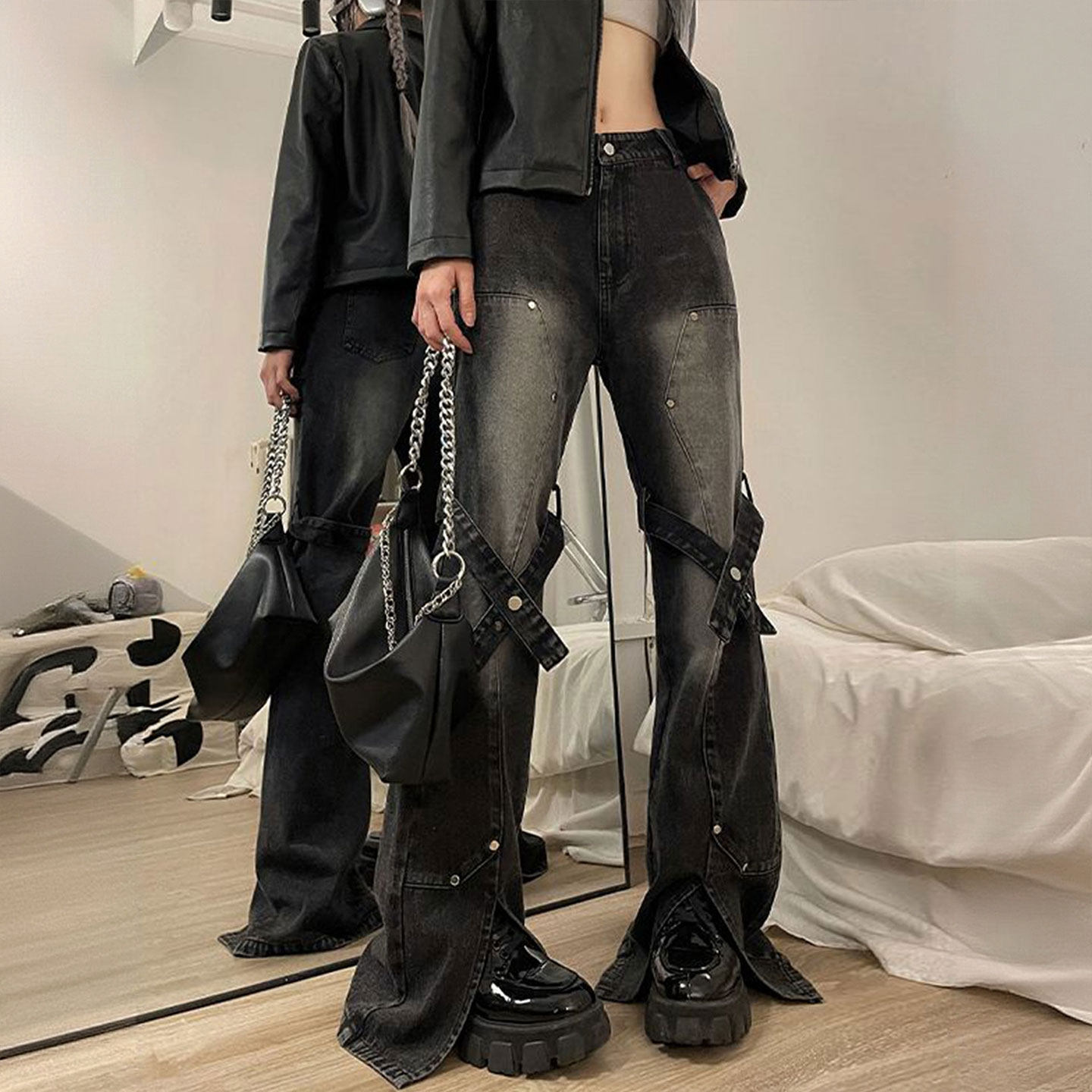 胖mm大码女装复古辣妹风黑色牛仔裤女美式设计感开叉显瘦微喇裤子,淘宝优惠券,粉丝福利购,淘宝优惠卷