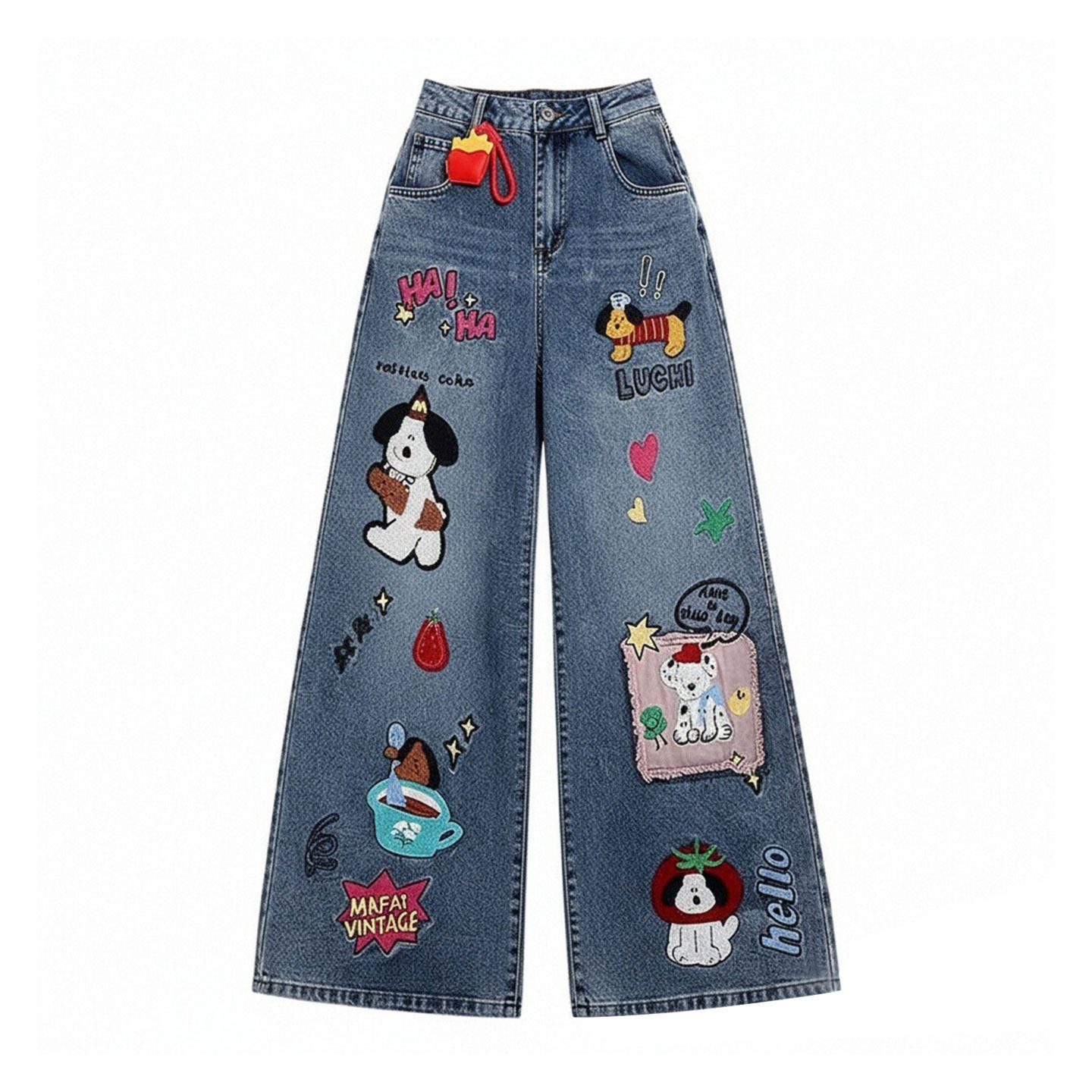 大码女装胖mm趣味卡通刺绣加绒牛仔裤女秋冬厚裤子复古宽松直筒裤,淘宝优惠券,粉丝福利购,淘宝优惠卷
