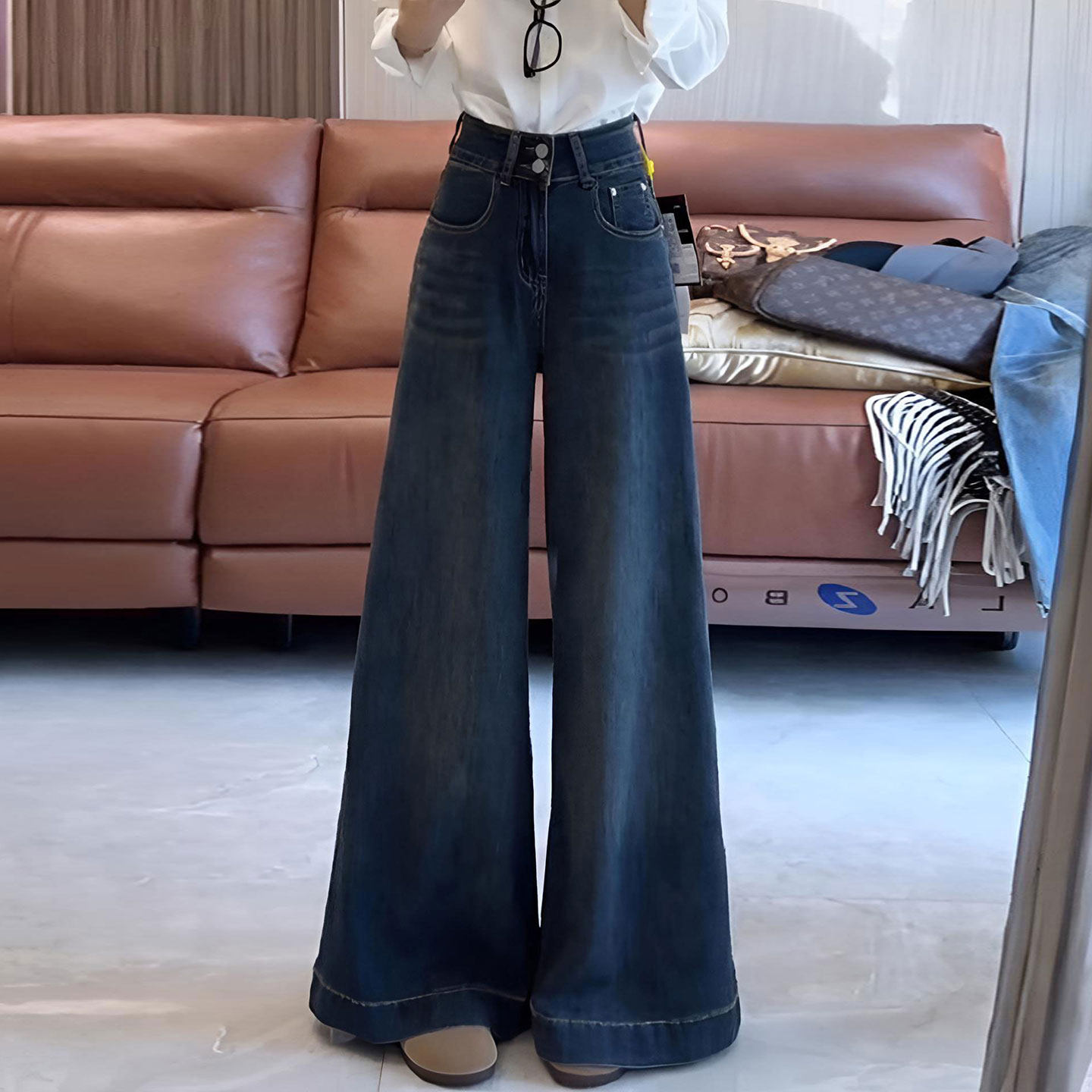 大码女装胖mm高级感韩版ins蓝色牛仔裤女不贴腿弹力显瘦直筒裤子,淘宝优惠券,粉丝福利购,淘宝优惠卷