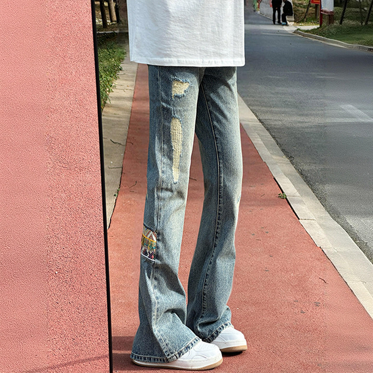 300斤大码女装韩版学生蓝色牛仔裤女胖mm设计感破洞显瘦微喇裤子,淘宝优惠券,粉丝福利购,淘宝优惠卷