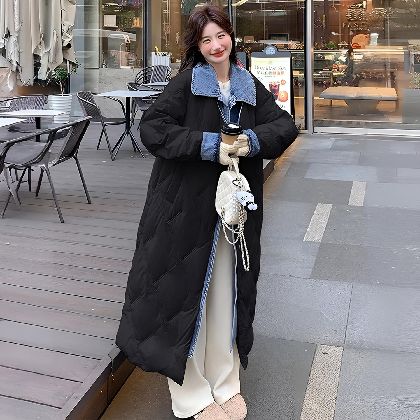 胖mm特大码米白色牛仔拼接棉服女韩系百搭设计感慵懒风中长款外套,淘宝优惠券,粉丝福利购,淘宝优惠卷