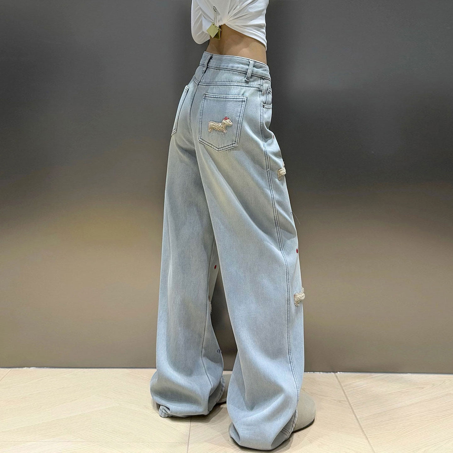 特大码女装胖mm蓝色加绒牛仔裤女冬季学院风卡通刺绣加厚阔腿裤子,淘宝优惠券,粉丝福利购,淘宝优惠卷