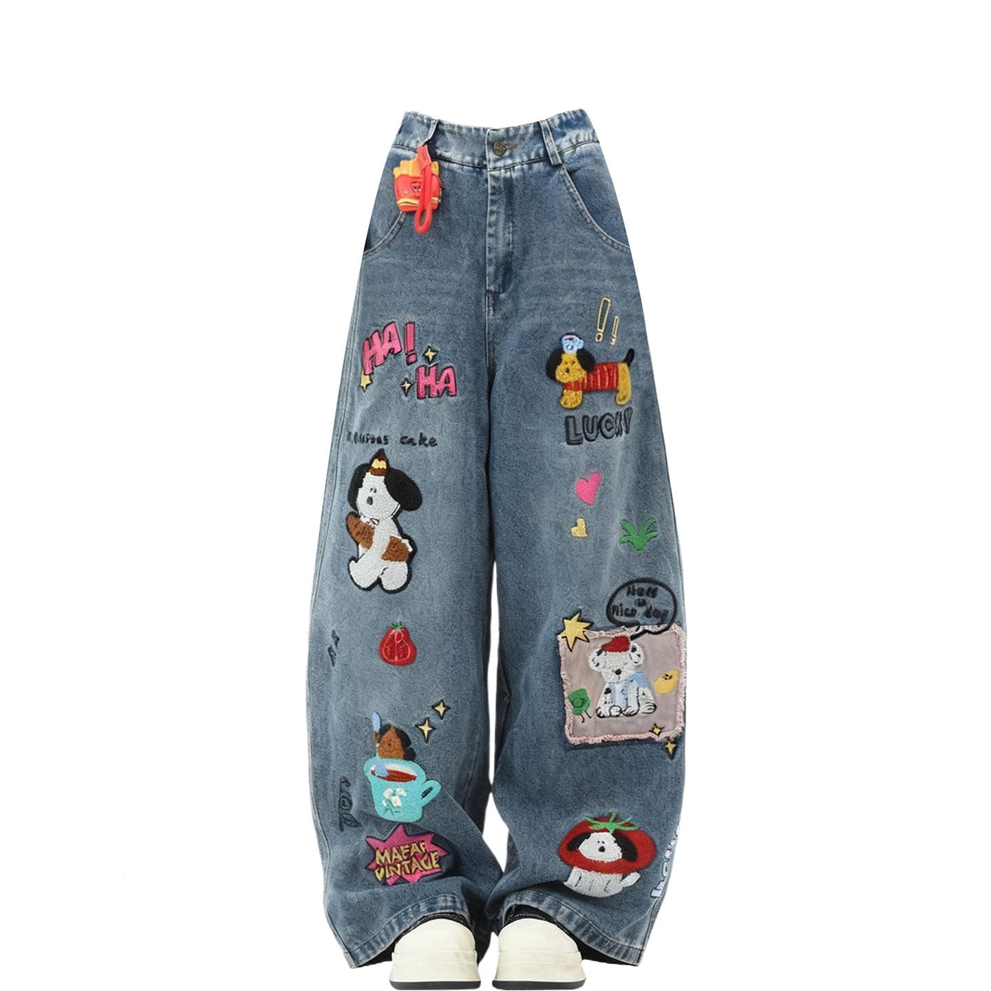 胖mm大码美式复古小狗刺绣加绒加厚牛仔裤女宽松bf慵懒风阔腿裤子,淘宝优惠券,粉丝福利购,淘宝优惠卷