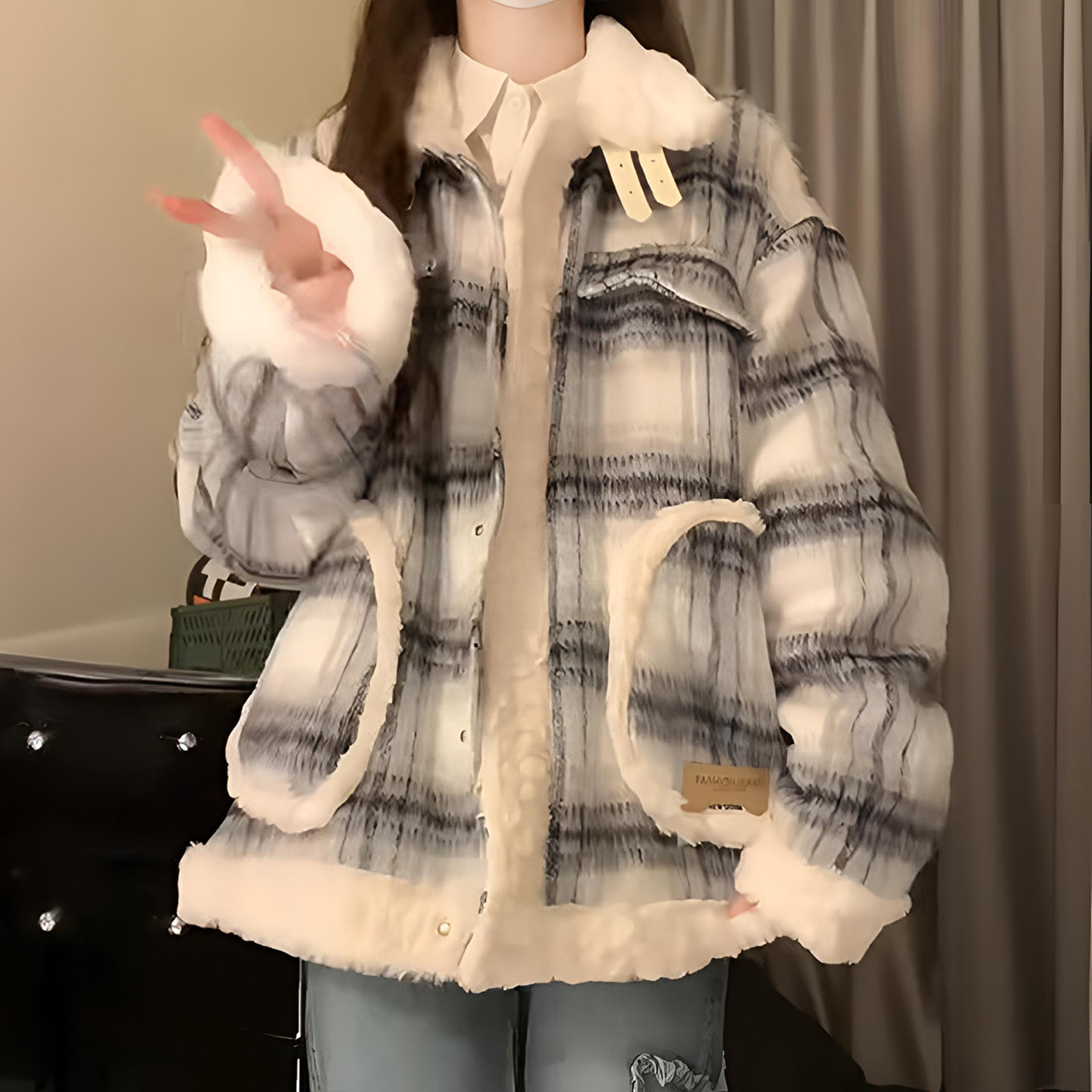 大码女装胖mm独特好看格子翻领棉服女韩版宽松显瘦设计感棉衣外套,淘宝优惠券,粉丝福利购,淘宝优惠卷