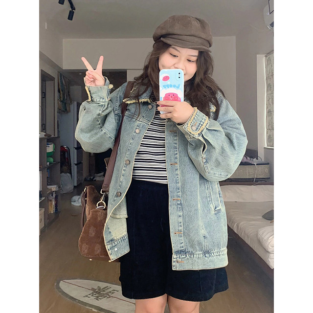 Extra large size nostalgic retro blue casual denim jacket