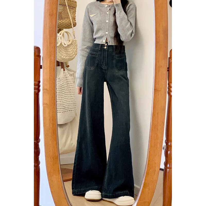 女装胖mm大码弹力复古牛仔裤2025新款百搭裤子女宽松设计感阔腿裤 - 图2