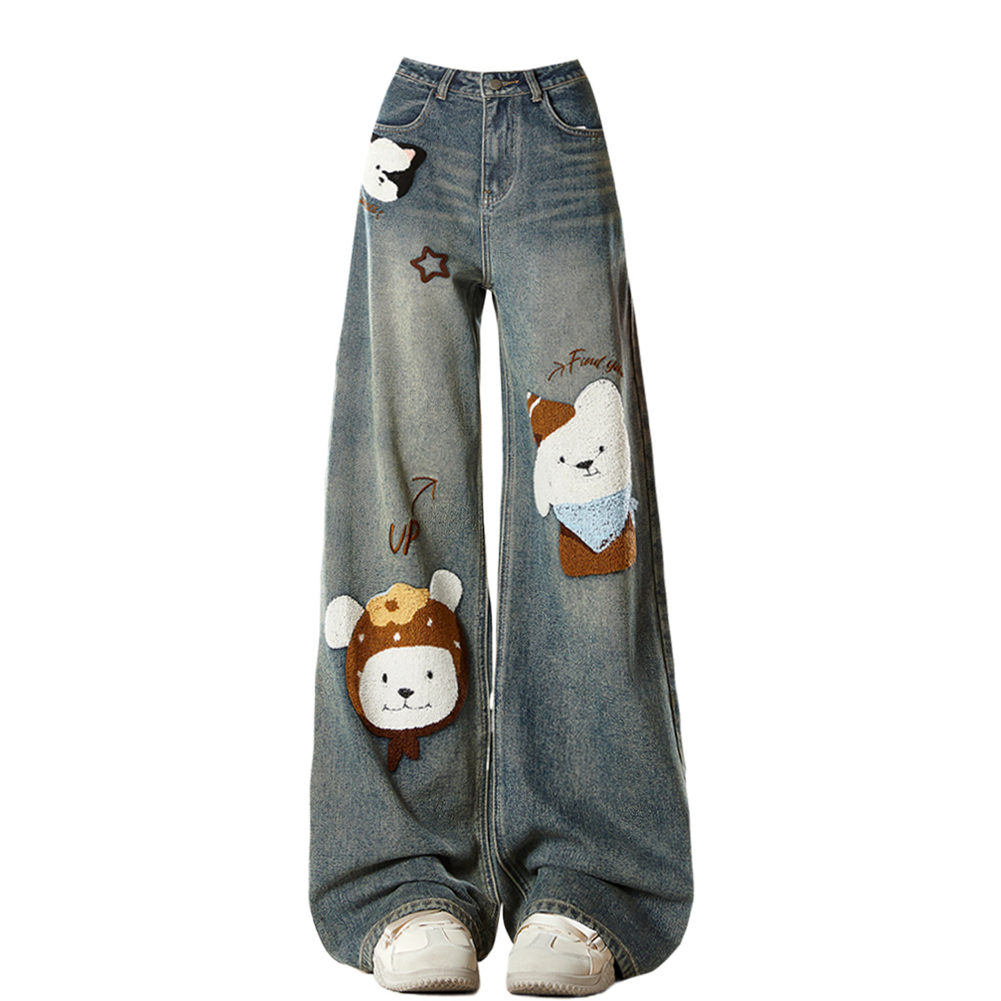 大码女装胖mm蓝色小狗贴布牛仔裤女冬季加绒加厚高腰显瘦阔腿裤子,淘宝优惠券,粉丝福利购,淘宝优惠卷
