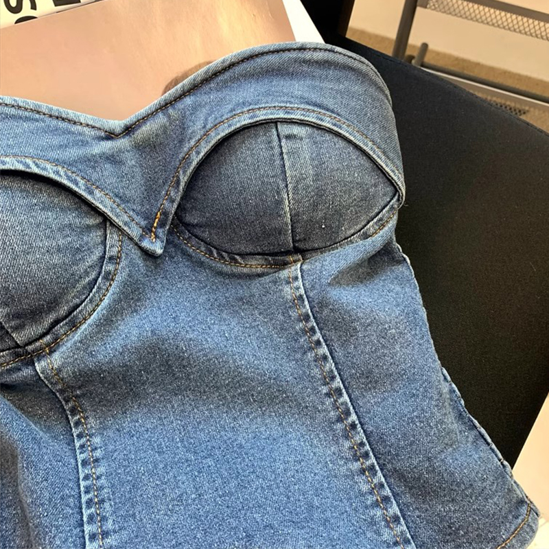 特大码女装美式高街辣妹牛仔背心女性感裹胸外穿显瘦抹胸短款上衣