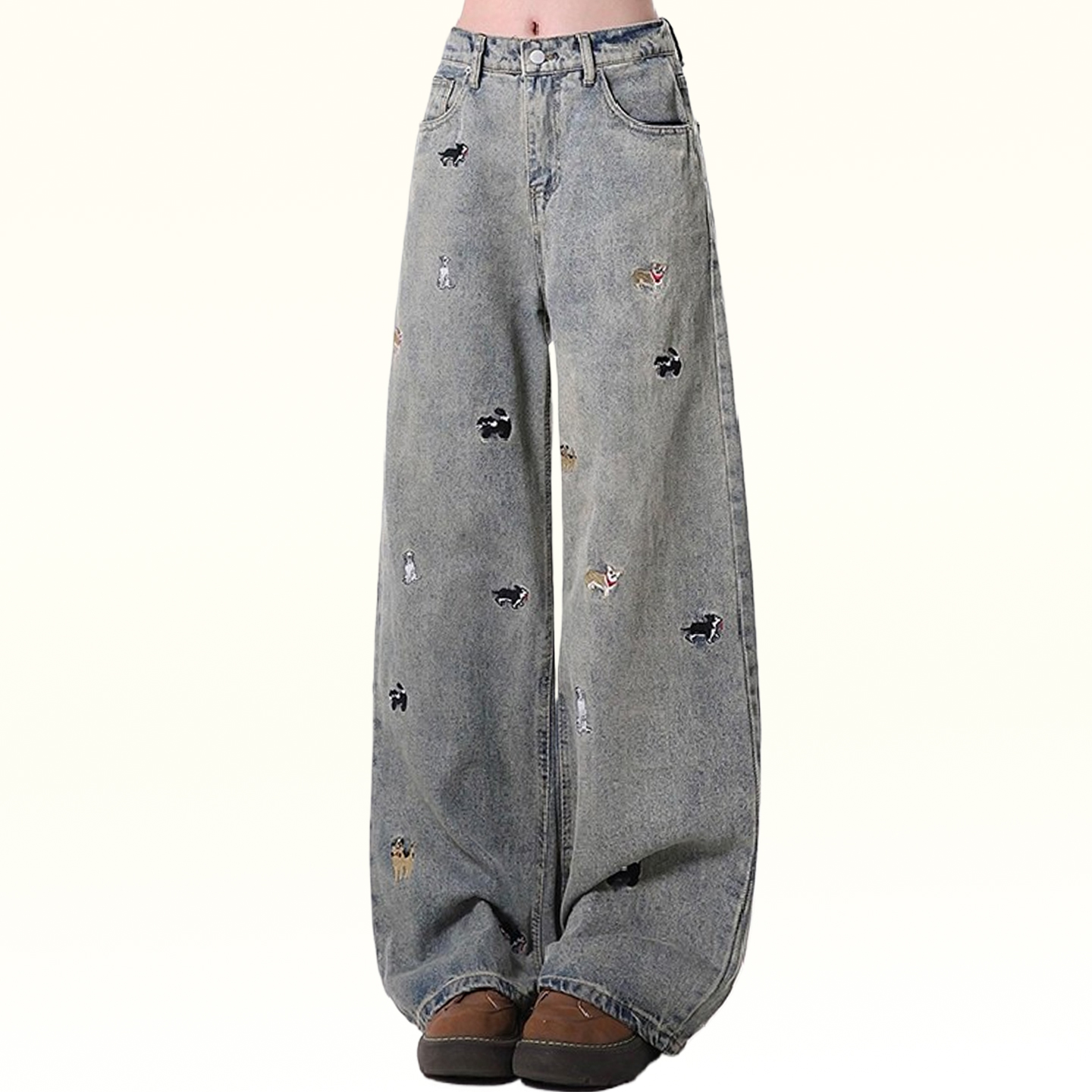 特大码女装学生高腰直筒牛仔裤女胖mm巨显瘦穿搭趣味小狗阔腿裤子 - 图2