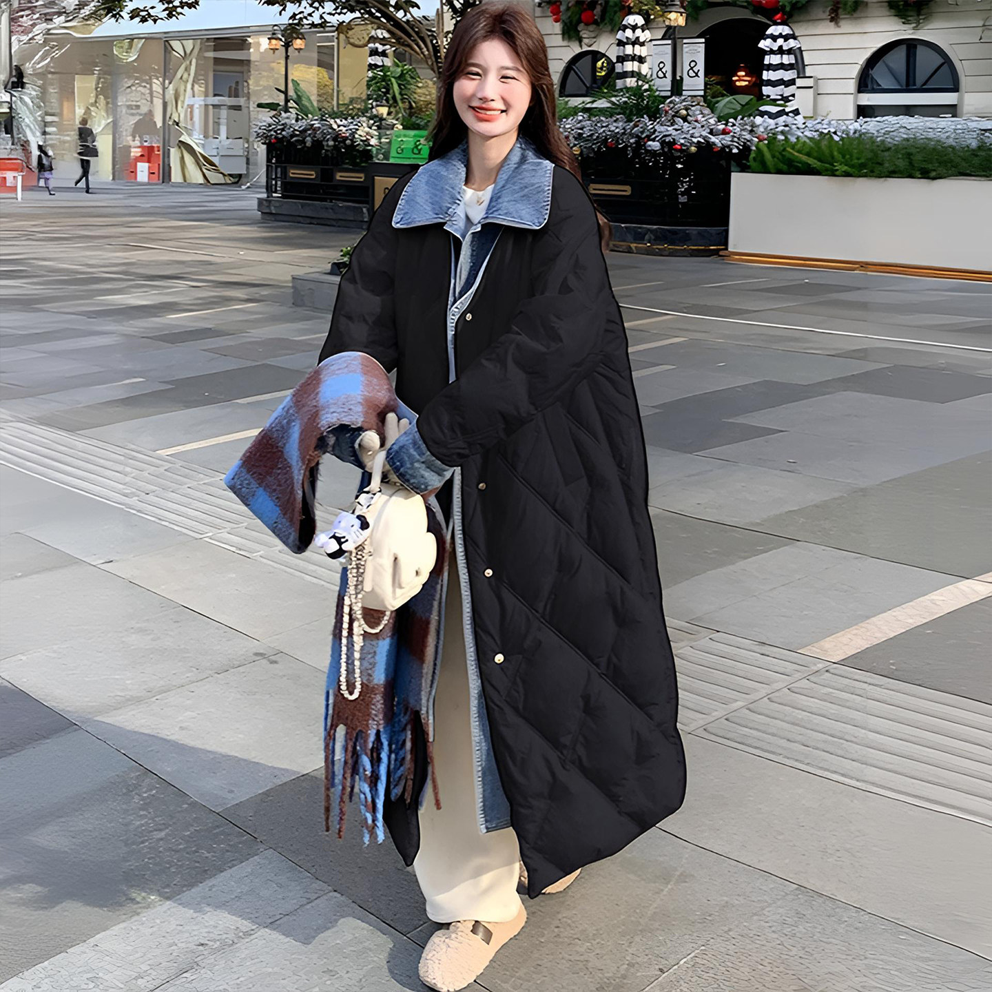 胖mm特大码米白色牛仔拼接棉服女韩系百搭设计感慵懒风中长款外套,淘宝优惠券,粉丝福利购,淘宝优惠卷