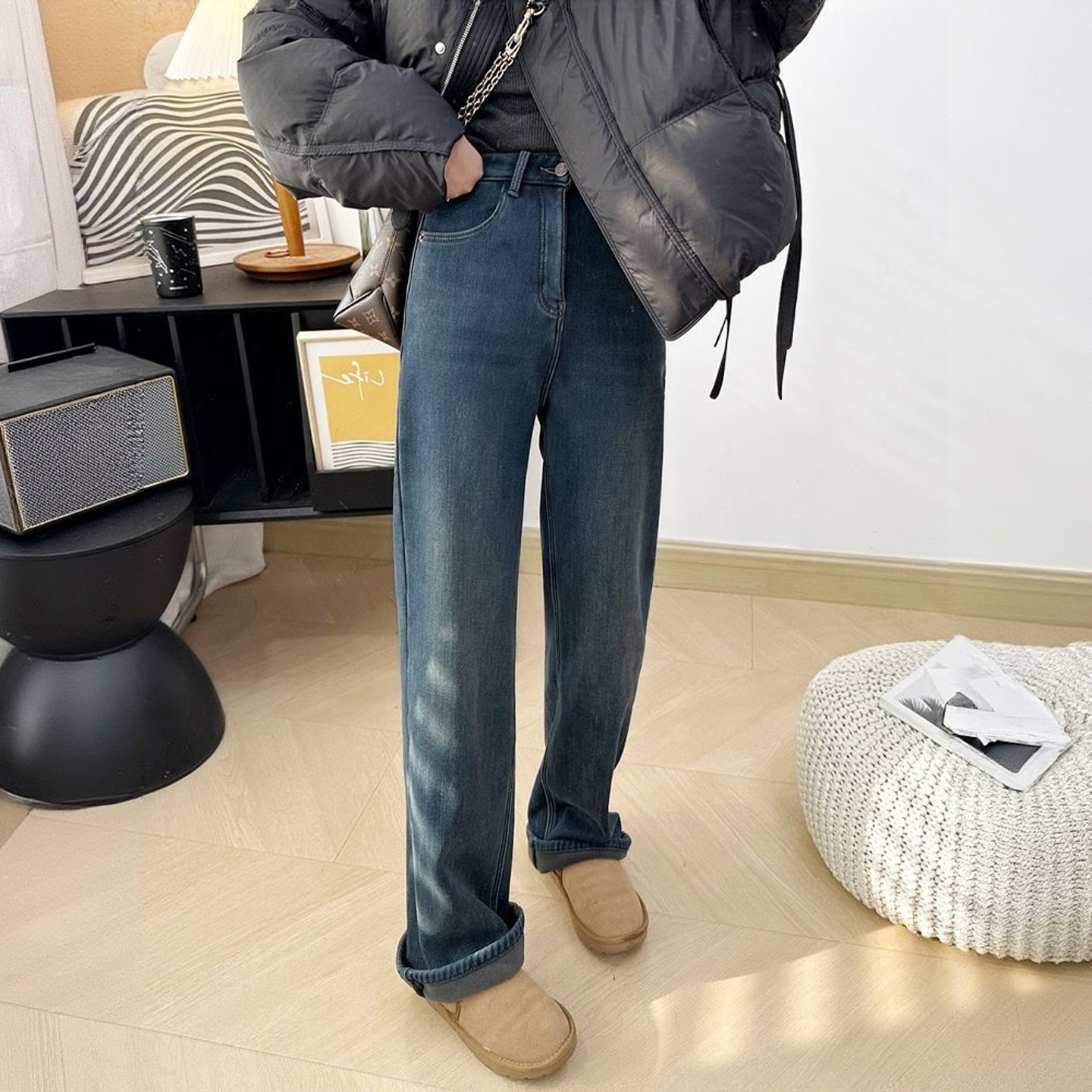 300斤大码女装美式复古直筒牛仔裤胖mm设计感加绒加厚显瘦裤子女,淘宝优惠券,粉丝福利购,淘宝优惠卷
