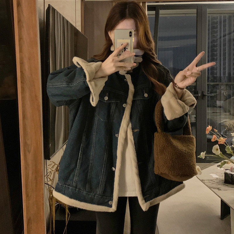 300斤大码女装胖mm韩版翻领加绒牛仔外套女新款复古机车夹克棉服,淘宝优惠券,粉丝福利购,淘宝优惠卷