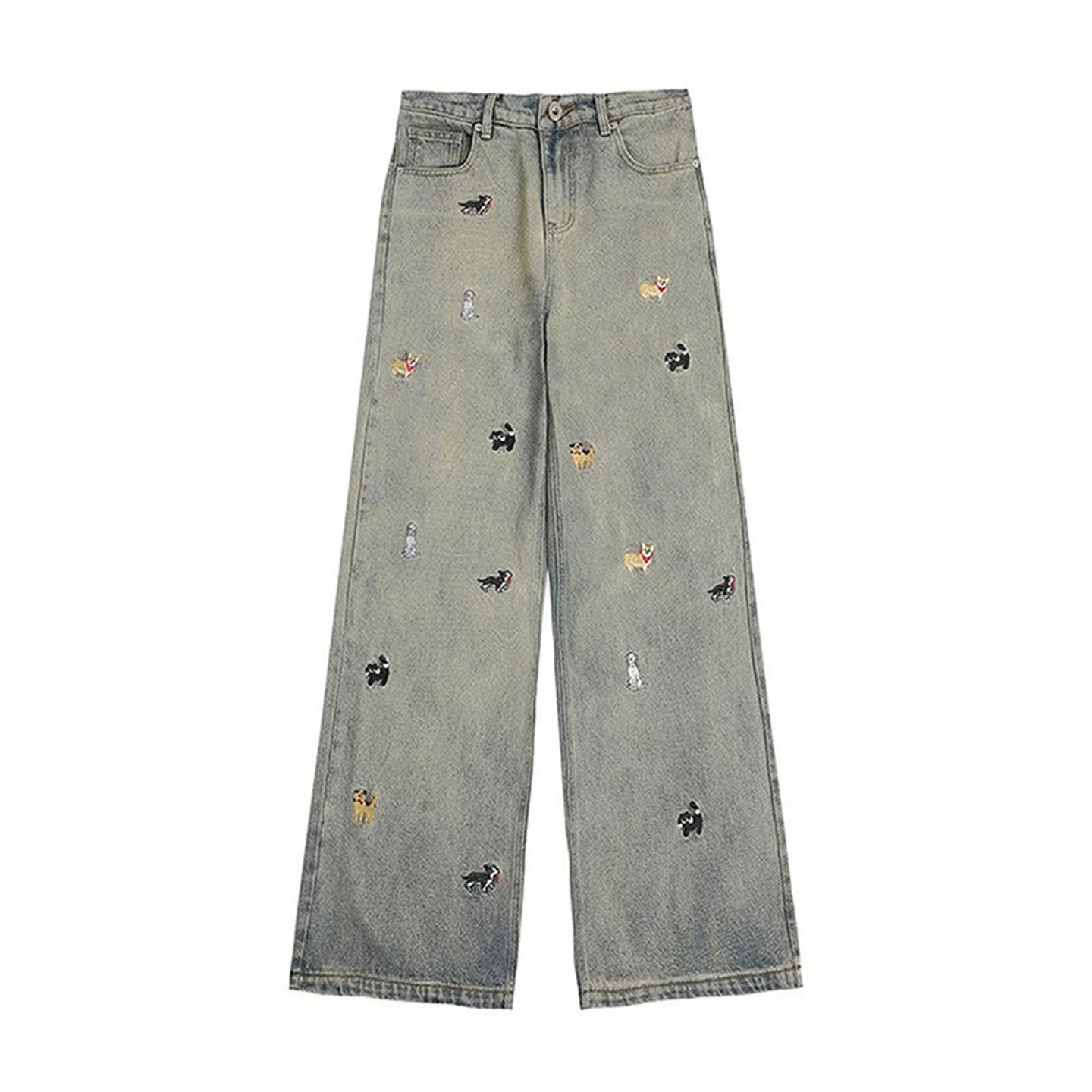 300斤大码女装高级感蓝色直筒牛仔裤女胖mm学生卡通刺绣阔腿裤子,淘宝优惠券,粉丝福利购,淘宝优惠卷