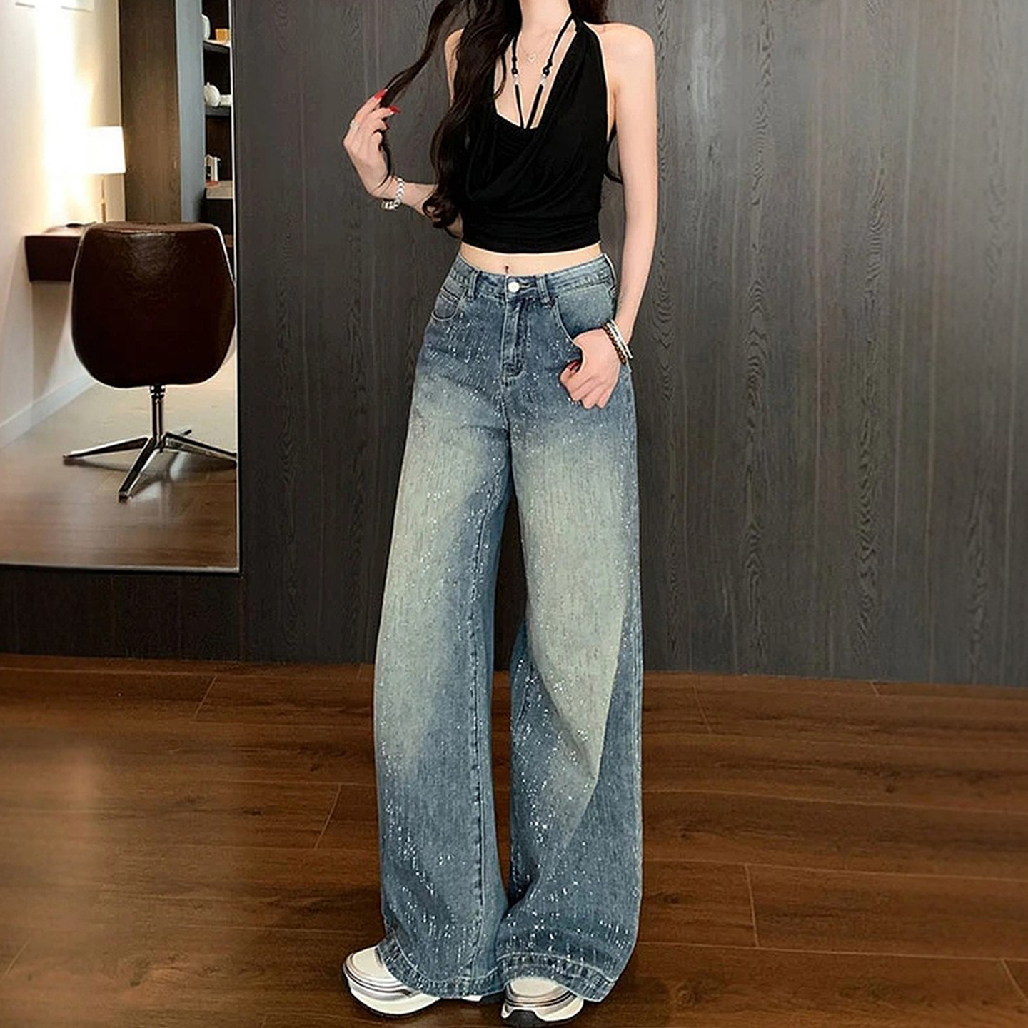 胖mm特大码满天星烫钻阔腿牛仔裤女秋季小众设计感高腰显瘦长裤子 - 图1