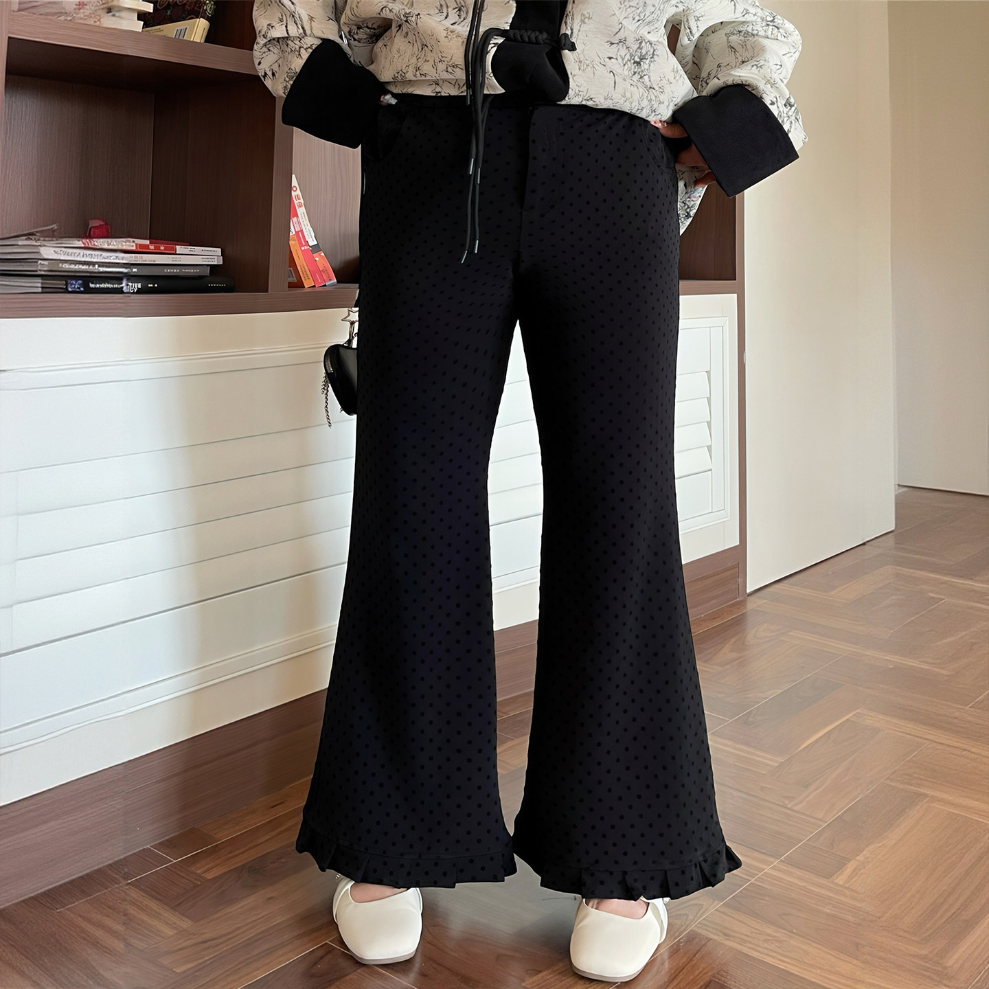 300斤大码女装黑色波点辣妹风微喇裤女胖mm修身显瘦慵懒风长裤子,淘宝优惠券,粉丝福利购,淘宝优惠卷