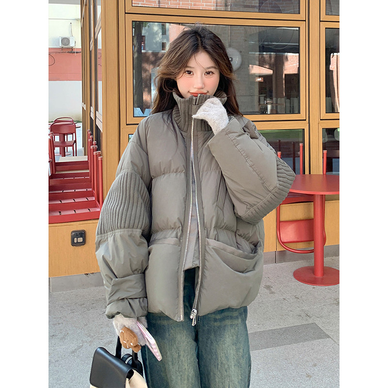 特大码女装胖mm针织拼接灰绿色棉服女韩系高级感加厚保暖棉衣外套,淘宝优惠券,粉丝福利购,淘宝优惠卷