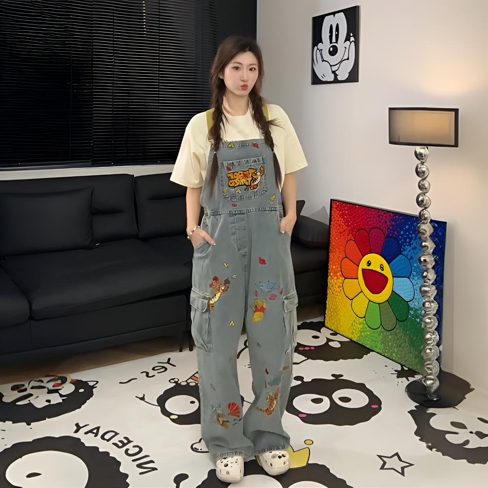 特大码胖mm复古水洗卡通刺绣牛仔背带裤女设计感美式工装连体裤子 - 图0