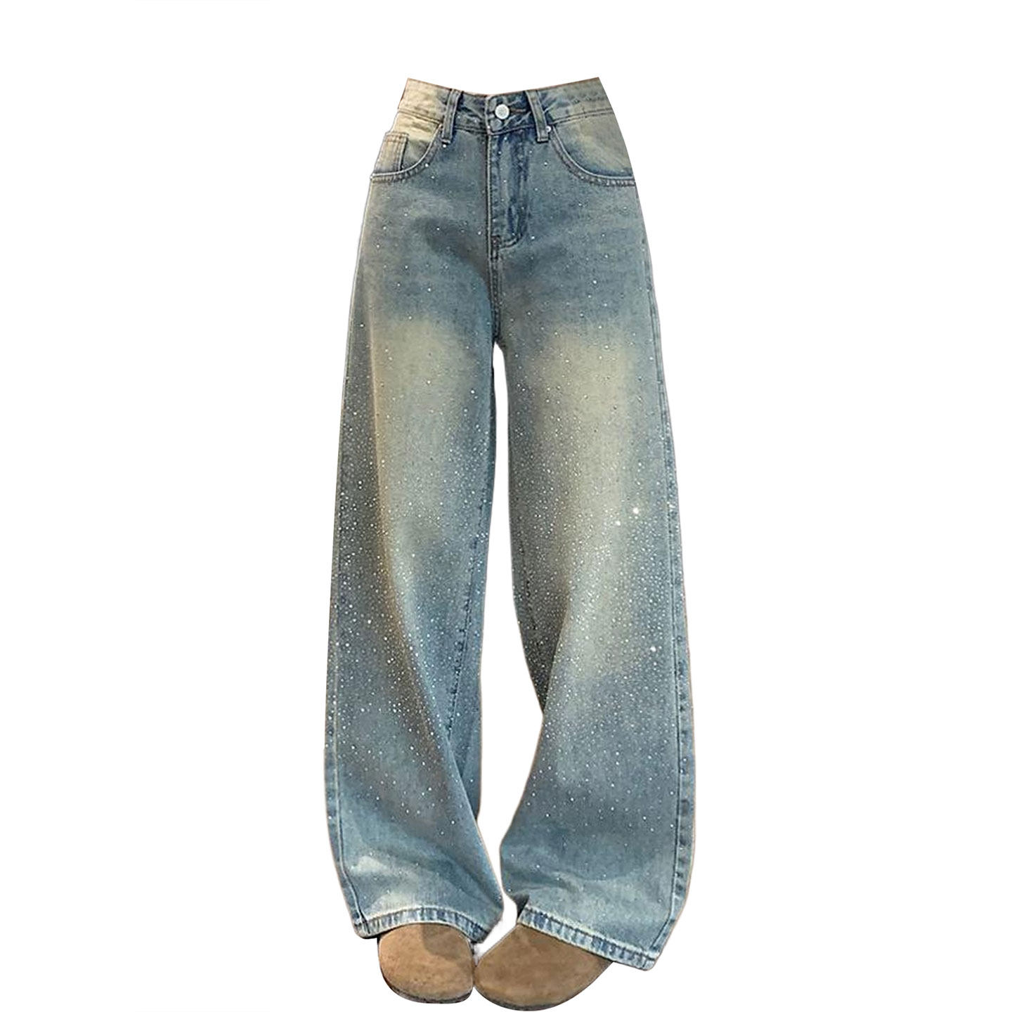特大码女装美式穿搭蓝色带钻牛仔裤女新款胖mm宽松显瘦阔腿长裤子,淘宝优惠券,粉丝福利购,淘宝优惠卷