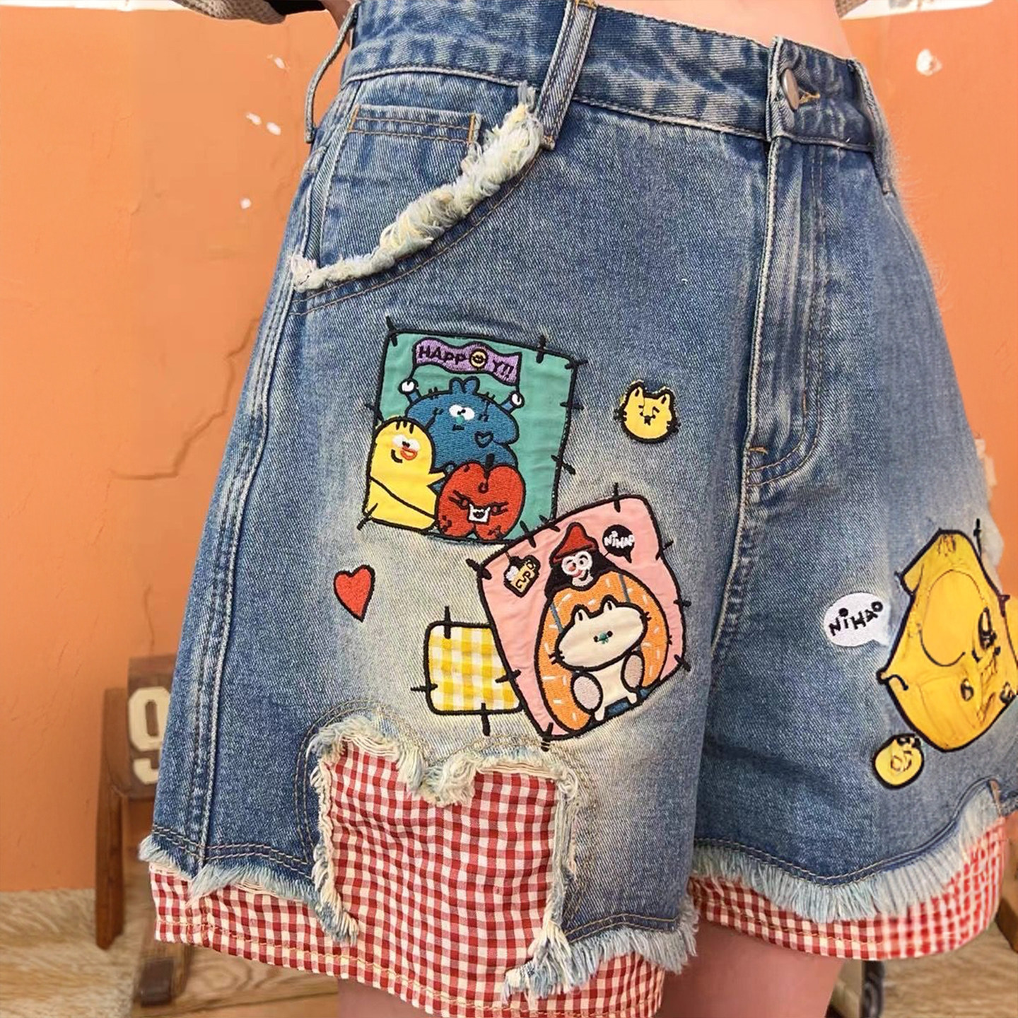 300斤大码胖mm蓝色格子拼接毛边牛仔短裤女童趣卡通印花直筒裤子,淘宝优惠券,粉丝福利购,淘宝优惠卷