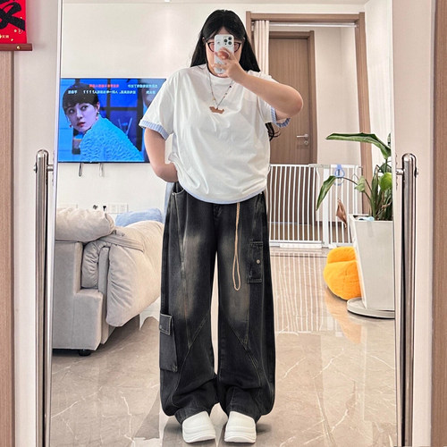 胖mm300斤大码女装美式复古工装牛仔裤女秋季高街宽松弯刀裤女裤 - 图1