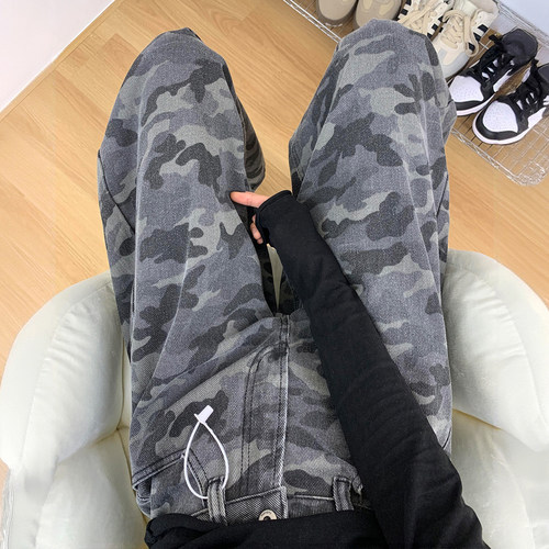 特大码女装复古迷彩色加绒牛仔裤女秋冬胖mm女裤保暖加厚阔腿裤子 - 图3