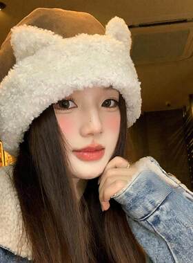 可爱猫耳朵羊羔绒雷锋帽子女秋冬