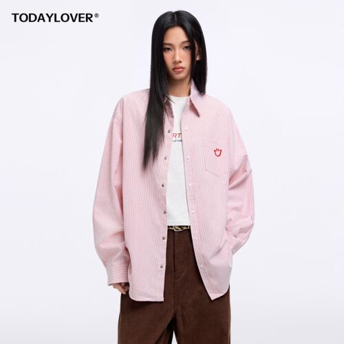 TODAYLOVER条纹长袖衬衫女春季潮牌新款笑脸宽松刺绣休闲衬衣外套 - 图3