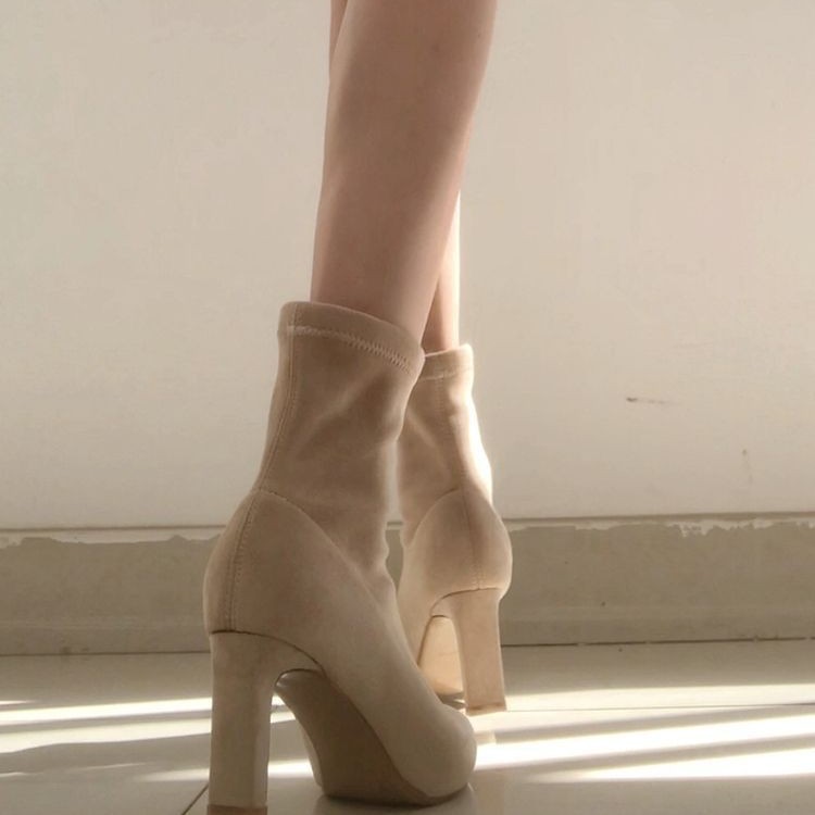 日常高跟短靴女秋冬裸色高跟鞋秋冬加绒粗跟踝靴弹力瘦瘦靴 - 图1