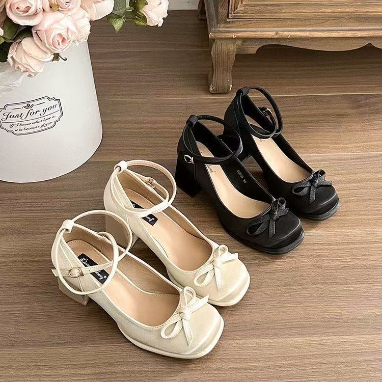 女大童高跟鞋2025新款蝴蝶结洛丽塔lo鞋配裙子仙女风粗跟玛丽珍鞋 - 图0