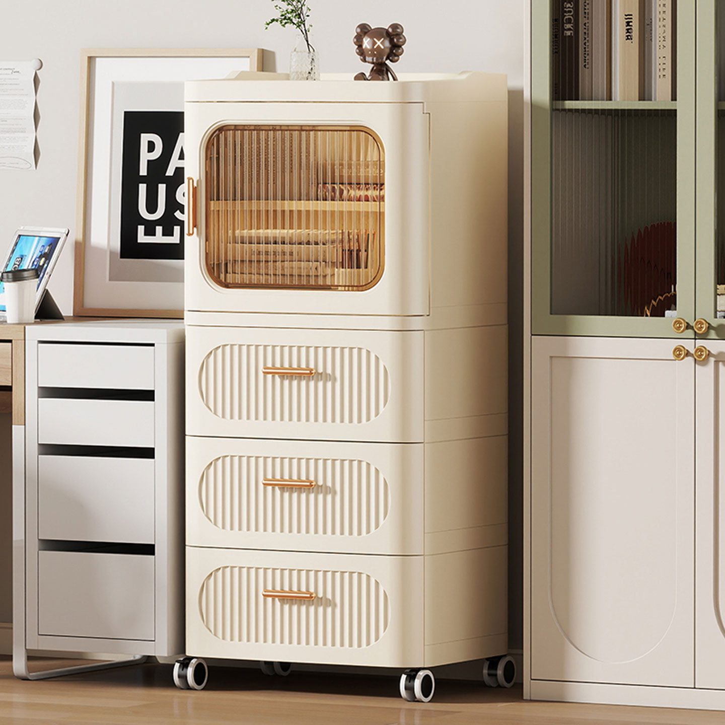 浴室厨房抽屉式多层收纳储物柜奶油风开门式层架收纳柜缝隙置物架,淘宝优惠券,粉丝福利购,淘宝优惠卷