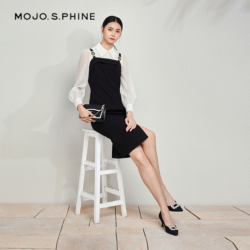 【王鸥李溪芮同款】MOJO莫佐法式浪漫背带连衣裙新款灵动小黑裙-图0