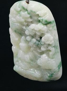 天然缅甸a货翡翠山水观音挂坠飘阳绿精工雕刻玉佩意境优美保平安