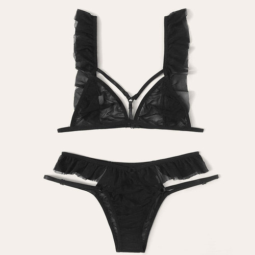 Sexy backless mesh bra underwear set性感露背网纱文胸内裤套装 - 图1