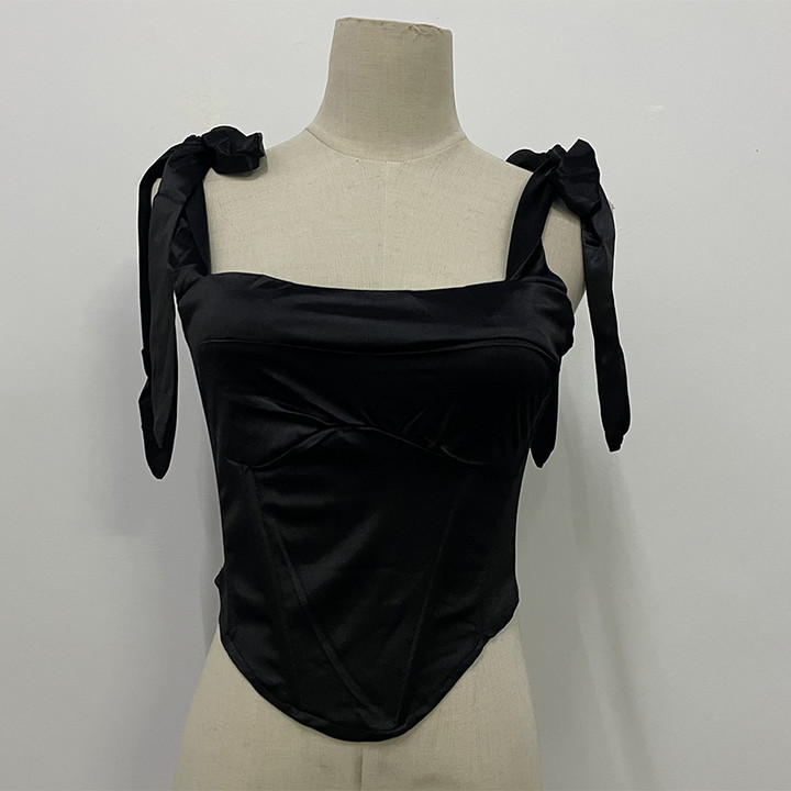 Satin waist open back strapping top female缎面束腰露背上衣女-图2