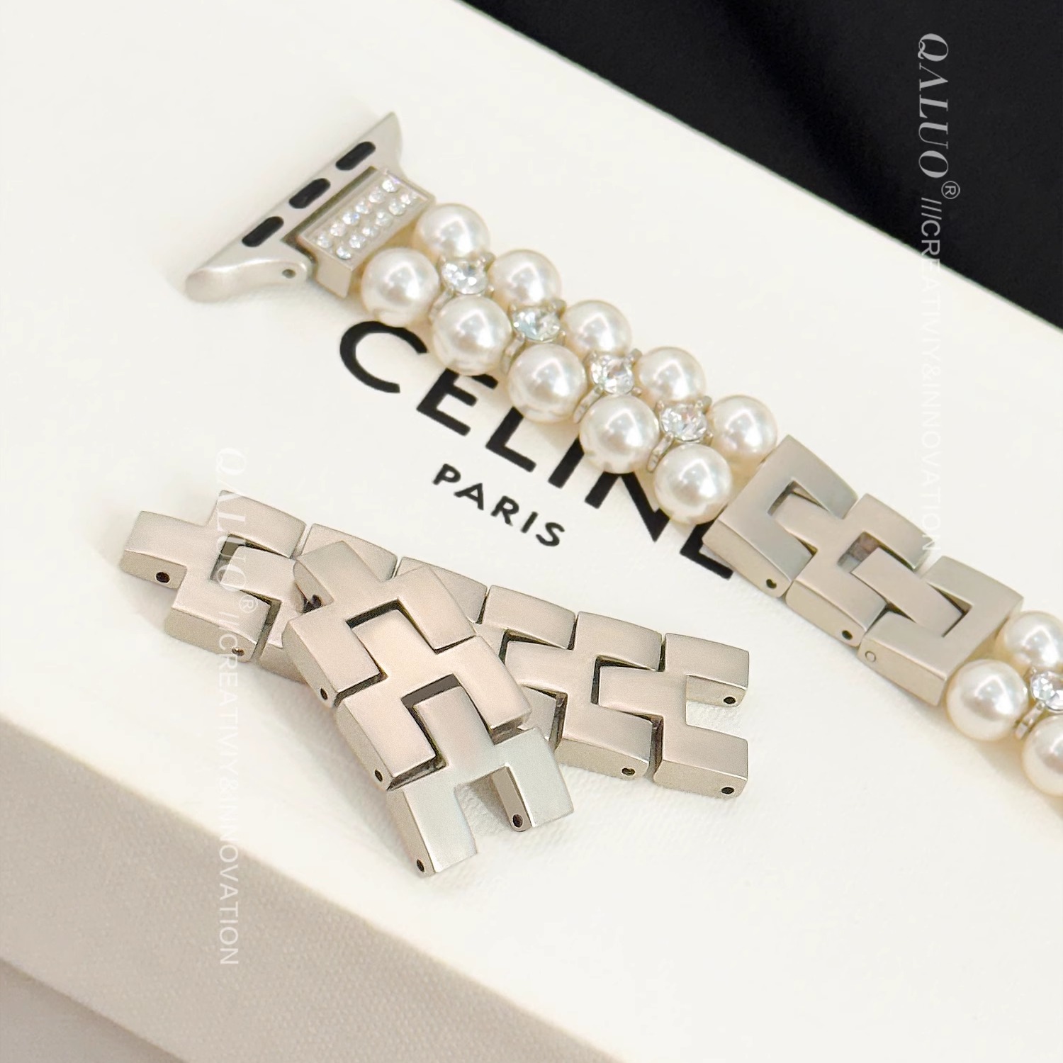 QALUO新款小香风仿珍珠表带适用apple watchS11/S10表带iwatch9苹果手表se/8/7/6/5/4代41/45mm金属高级女生 - 图0