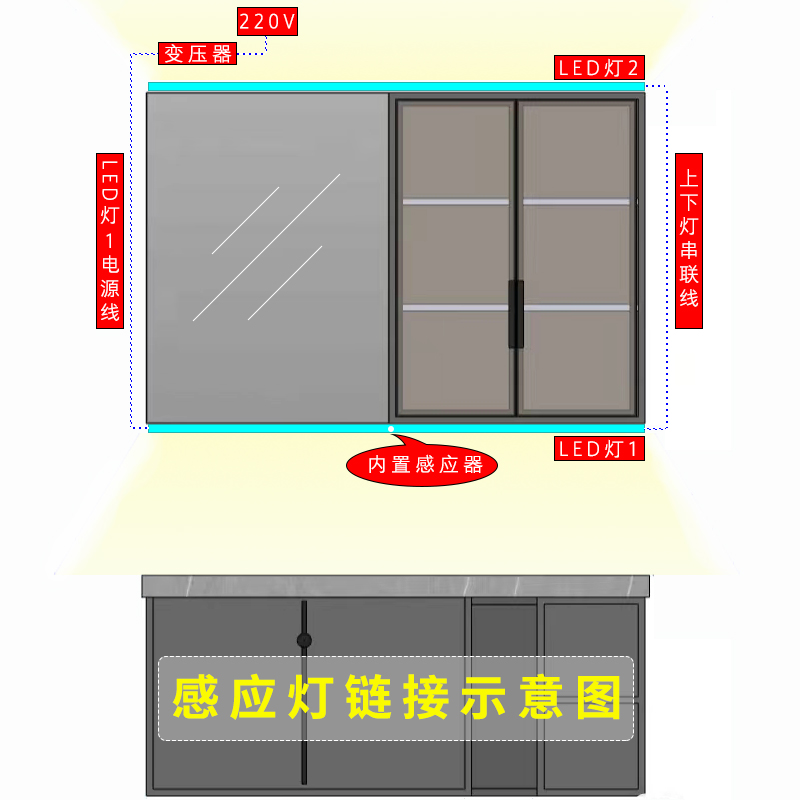 镜柜感应灯卫生间浴室柜镜前灯带免打孔厕所洗手台镜子补光led灯-图1