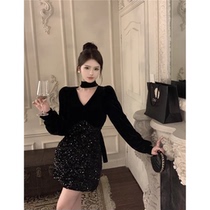 Main sown clothes Upper mirror Advanced autumn winter French style long sleeve one-piece dress velvet splicing sequin dress Dress Purse glutes