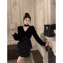 Main sown clothes Upper mirror Advanced autumn winter French style long sleeve one-piece dress velvet splicing sequin dress Dress Purse glutes