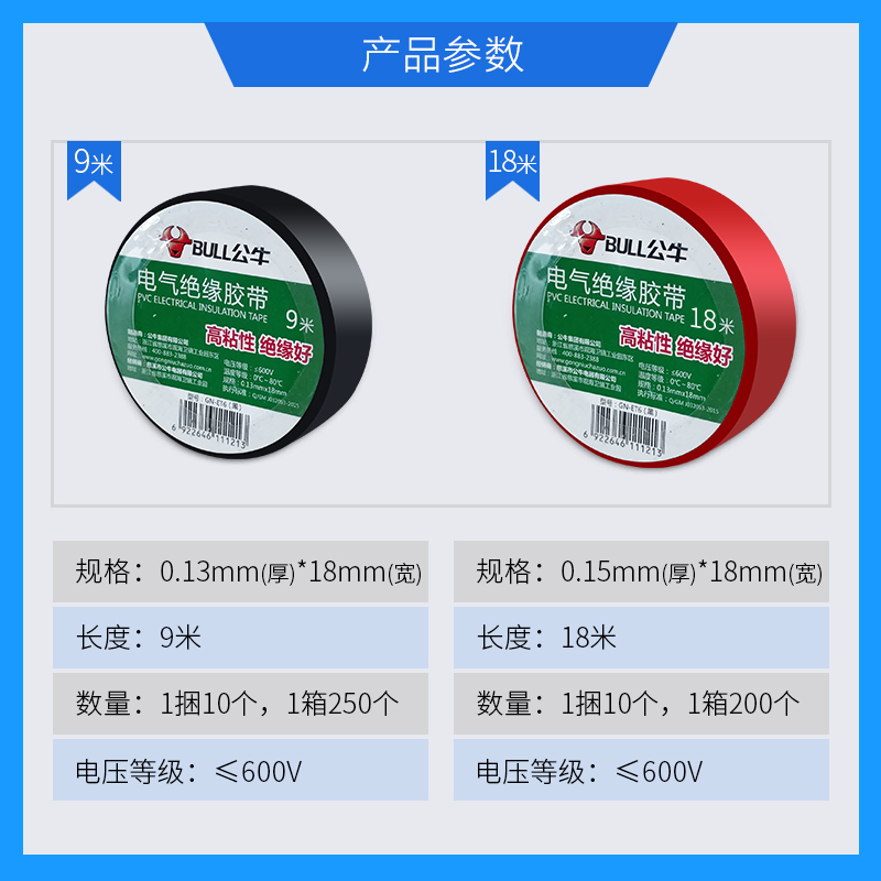 公牛电工电气电线电胶布9米18米10个装黑色阻燃耐高温pvc绝缘胶带 - 图0