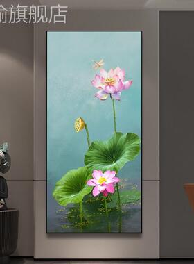 网红手绘玄荷花装饰画现简关约客厅沙背景墙挂画中式过道花卉油画